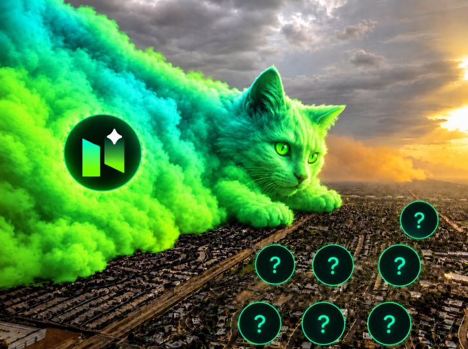 A surreal image featuring a giant green cat emerging from a green smoke cloud with a logo, flying over a cityscape, with six question mark icons in the foreground.