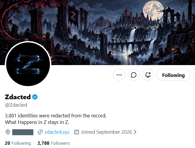 The image shows a Twitter/X profile for "Zdacted" (@Zdacted) with a blue checkmark, displaying a stylized "Z" logo against a dark fantasy castle landscape. The bio states "3,881 identities were redacted from the record. What Happens in Z stays in Z." with a link to zdacted.xyz and shows 2,788 followers. The post promotes "early alpha" with a referral link, fitting the profile's mysterious redaction theme.
