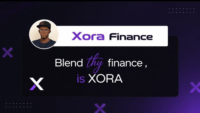A promotional graphic for 'Xora Finance' featuring a cartoon avatar and the tagline 'Blend thy finance, is XORA' against a dark purple background with X logos.