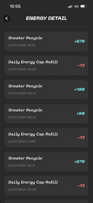 STEPN 'ENERGY DETAIL' screen listing transactions including multiple 'Sneaker Recycle' entries (+270, +180, +90, +270) and 'Daily Energy Cap Refill' deductions (-13)