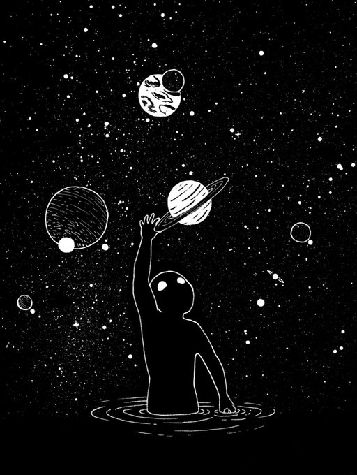 The image features a black and white illustration of an alien figure floating in space, holding up a planet with its arms while gazing upwards at the planets below. The planets are depicted as white spheres against a black background, creating a striking contrast. The caption above the image reads "They say the red spiral was the moment his mind opened. The white planets are memories trying to escape. The black figure in the orbit isn' -" and "$ASTRAL #ASTRAL #Pump #Solana". This artistic representation of space exploration and the human spirit is a unique blend of science fiction and surrealism, inviting viewers to contemplate the vastness of the universe and our place within it.