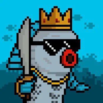 A pixel art illustration of a cool fish-like character wearing a gold crown, black sunglasses, a gold chain, and holding a sword, set against an underwater blue background.