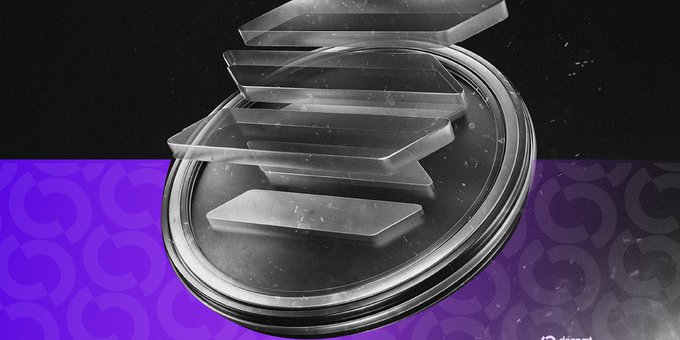 A 3D rendered image showing transparent, geometric shards floating above a silver coin-like disc, set against a dark background with a purple lower half featuring a repeating circular pattern.