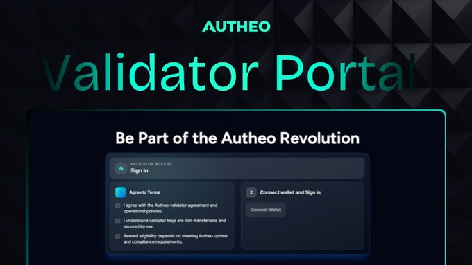The image shows a website called "Autheo Validator Portal" that provides information about validators, their roles, and how they can manage them. The main focus of the image is a sign-up form for joining the Autheo network as a validator. The text on the image reads "Be Part of the Autheo Revolution", which suggests that users should actively participate in the validation process to contribute to the Autheo community and its mission.