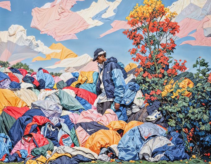 A painterly illustration depicts a man in a blue jacket standing among a massive pile of colorful clothes and fabric, with laundry drying on lines against a blue sky and a tree with red-orange blossoms on the right.
