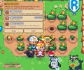 A pixel art mobile game scene shows a character interacting with NPCs in a village setting with green bushes and a dialogue box at the top.