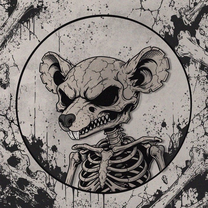 Black and white illustration of a skeletal animal head (resembling a bear or rodent) inside a circular frame, surrounded by cracked textures and splatter effects.