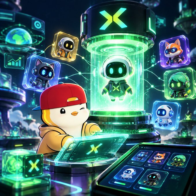 A vibrant, futuristic NFT-themed scene shows a cartoon character in a red cap operating a glowing console, with a robotic avatar suspended in a green chamber and several other collectible characters displayed in floating cases.