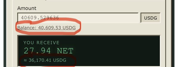 A user has circled a screenshot showing a swap interface with a balance of 40,609.53 USDG but receiving only ≈36,170.41 USDG despite entering 27.94 NET, highlighting a massive discrepancy between the expected and actual USDG value of the NET token.