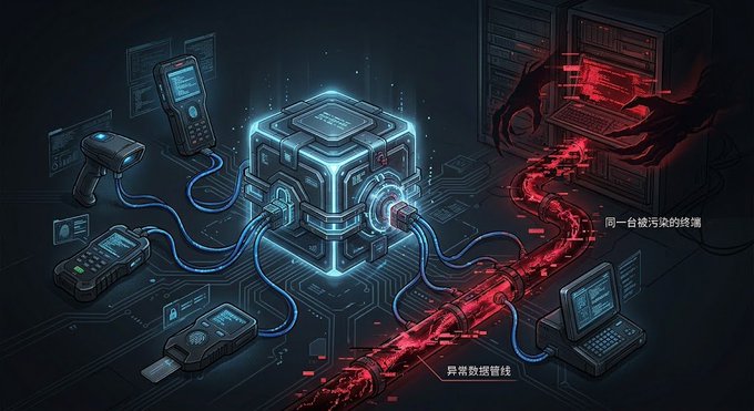 A digital illustration showing a glowing central device connected to various electronic peripherals via cables, with red data streams flowing into a server setup and Chinese text labels.