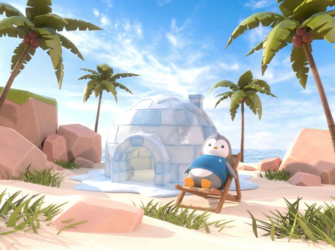 A cartoon penguin relaxes on a beach chair in front of an igloo, surrounded by palm trees and rocky shores. The whimsical 3D-rendered scene illustrates the post's playful reference to penguins having found their island home, complete with an igloo despite the tropical setting.