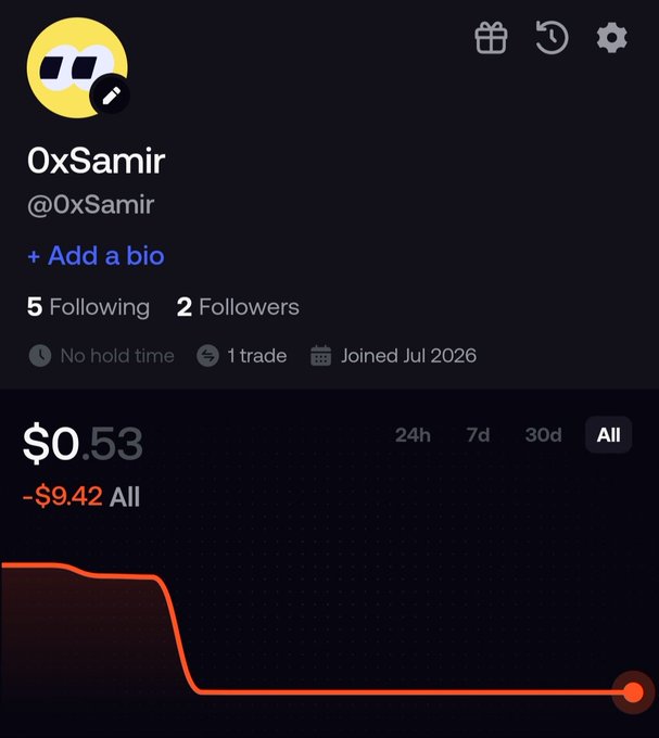 A user profile for "0xSamir" (@0xSamir) shows a portfolio down $9.42 (all-time), holding $0.53 with just 1 trade and 2 followers, reinforcing the poster's ironic claim that they're a novice trader who would gladly trade their Fomo app account for a Pumpfun deal.