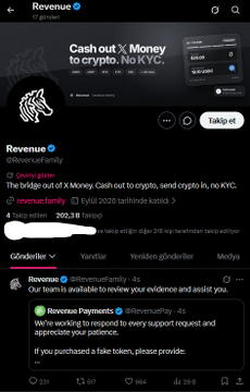 A screenshot of the Revenue mobile app's official Twitter/X page shows a post about cashing out X Money to crypto with no KYC, displaying a token "Takipçi" and a reply from @RevenuePay thanking them for responding, appearing alongside a comment warning about scammers associated with the project.