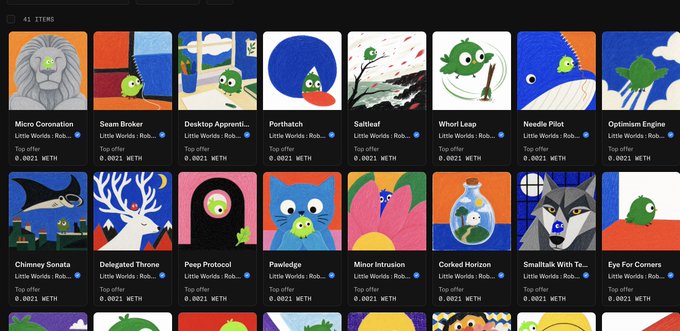 A screenshot of an NFT marketplace showing 41 items, featuring various cartoon animal illustrations like 'Micro Coronation', 'Soap Broker', and 'Peep Protocol' with prices in ETH.