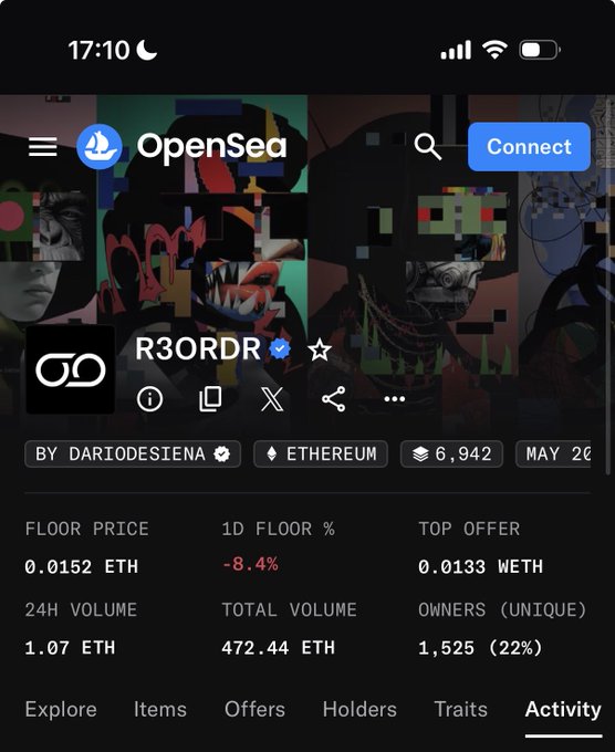 A mobile screenshot of the OpenSea NFT marketplace displaying the 'R30RDR' collection by 'DARIODESIENA' on Ethereum, showing a floor price of '0.0152 ETH', a 1D floor change of '-8.4%', and a 24H volume of '1.07 ETH'.