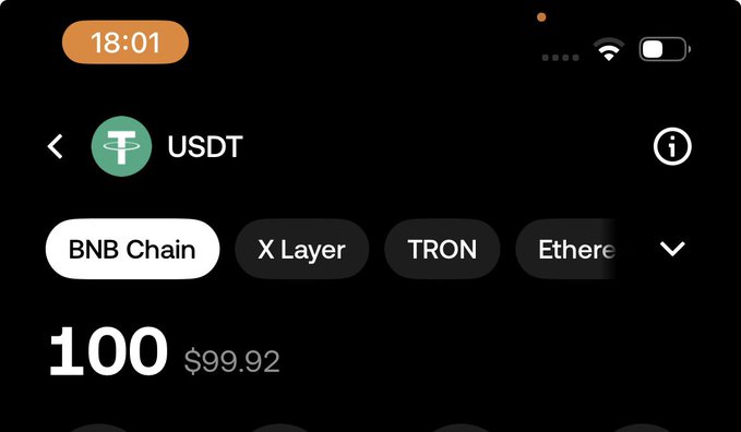 A mobile app screenshot showing a USDT (Tether) crypto balance of 100 ($99.92) at 18:01, with chain options including BNB Chain, X Layer, TRON, and Ethereum.