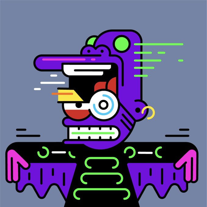 A stylized digital illustration of a purple and green robotic character with mechanical features, set against a gray background.