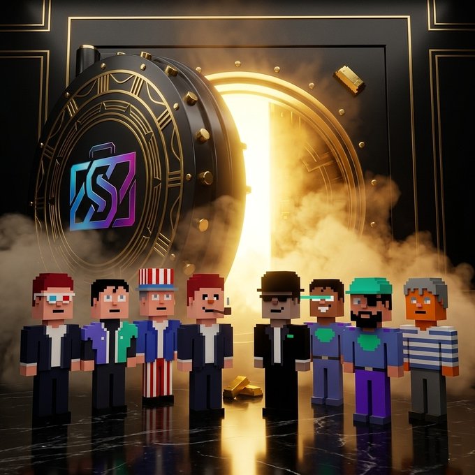 A vibrant 3D scene features eight pixelated, block-style characters standing together in front of a massive, glowing golden vault door that swings open to reveal a bright light, with gold bars scattered around the floor and a colorful "SB" logo prominently displayed on the vault, symbolizing the launch of the Solana Brokers NFT mint as announced in the post.