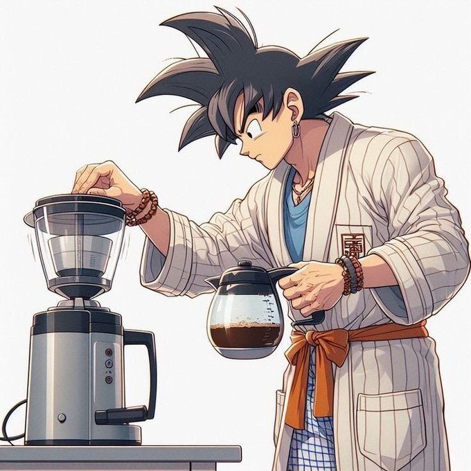 An anime-style illustration of Goku from Dragon Ball in his adult form, wearing a white robe and an orange belt, pouring coffee from a glass carafe into a coffee maker.
