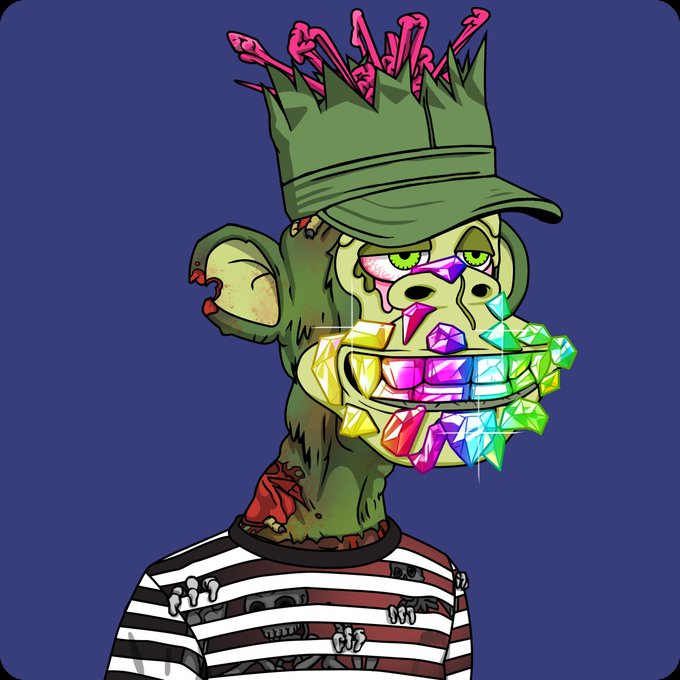 A stylized digital illustration features a green zombie-like ape character with colorful gem-encrusted teeth wearing a striped shirt against a purple background.