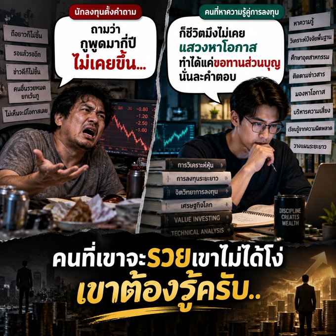 A split-screen Thai graphic contrasting two men; the left shows a frustrated man with Thai text meaning 'Even though I work hard, I'm not getting any money', while the right shows a thoughtful man with books like 'VALUE INVESTING' and 'TECHNICAL ANALYSIS' and Thai text about building wealth through opportunity, with a caption about becoming rich without relying on salary.