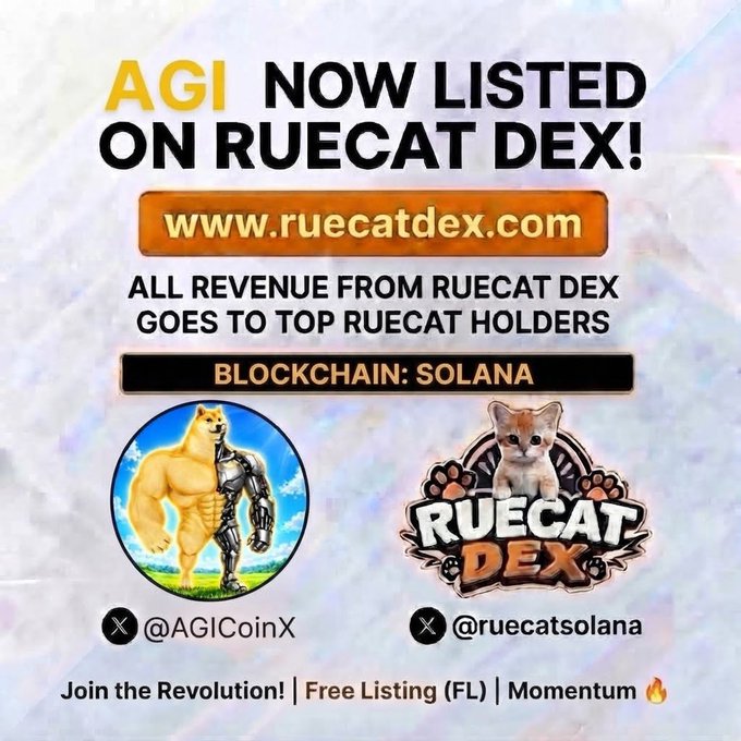 A promotional graphic announcing 'AGI NOW LISTED ON RUECAT DEX!' with the website www.ruecatdex.com, noting it runs on the SOLANA blockchain, featuring logos for both AGI and Ruecat DEX with Twitter handles @AGICoinX and @ruecatsolana.