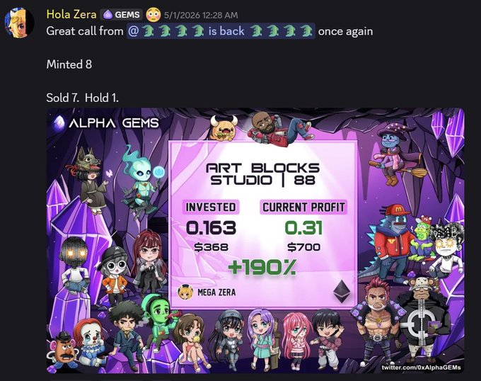 In this screenshot of a social media post, there are various cartoon characters gathered together for a happy New Month celebration. The posts also include an update about an account's progress at the "Art Blocks Studio 86", which tracks the number of sold blocks and earned profit. The image description mentions losses in the form of paper-handed time (worth 10+ ETH), burned on altcoins, and one failed bet losing a grand amount. The overall atmosphere appears to be lighthearted and fun, with characters engaging and celebrating together.