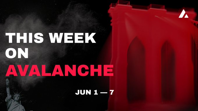 The image features a poster with a red background that says "This week on Avalanche" at the top. Below this, there's an illustration of a statue of liberty holding a torch, which is located near a bridge. The caption below the illustration reads "Another massive week on @avax wraps up Real world assets, new products and ecosystem growth kept the momentum going".