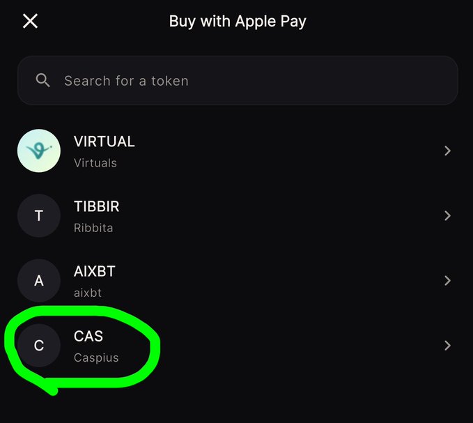 A mobile app screenshot titled 'Buy with Apple Pay' shows a search bar and a list of tokens, with 'CAS / Caspius' highlighted by a hand-drawn green circle.
