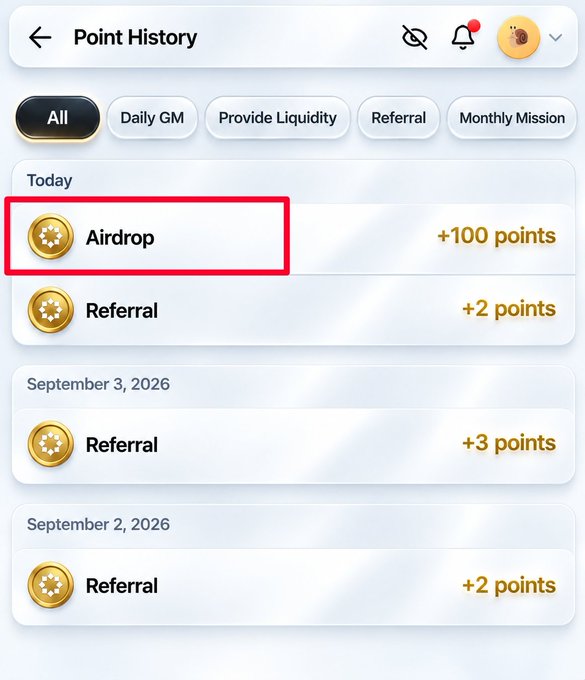 A "Point History" screen displays categories like All, Daily GM, Provide Liquidity, Referral, and Monthly Mission, with today's earnings showing an Airdrop of +100 points and a Referral of +2 points, while September 3, 2026 shows +3 points from a Referral and September 2, 2026 shows +2 points from a Referral, illustrating that users can verify their Startale Airdrop reward of 100+ STAR Points earned from completing campaign tasks in their account's point history.