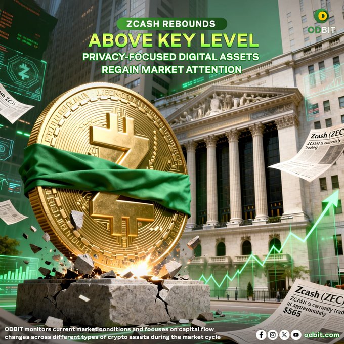 A dramatic visual of a large golden Zcash coin breaking through stone, set against the New York Stock Exchange with green upward-trending market charts, promoting the headline "ZCASH REBOUNDS ABOVE KEY LEVEL" and emphasizing how privacy-focused digital assets like Zcash (ZEC) are regaining market attention as ODBIT monitors capital flow shifts across crypto sectors.