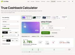 A screenshot of a 'True Cashback Calculator' webpage displaying an 'either 5 Cash Back' offer for a Visa card, showing an effective 2.78% discount on a $50 purchase with $1.39 cash back.