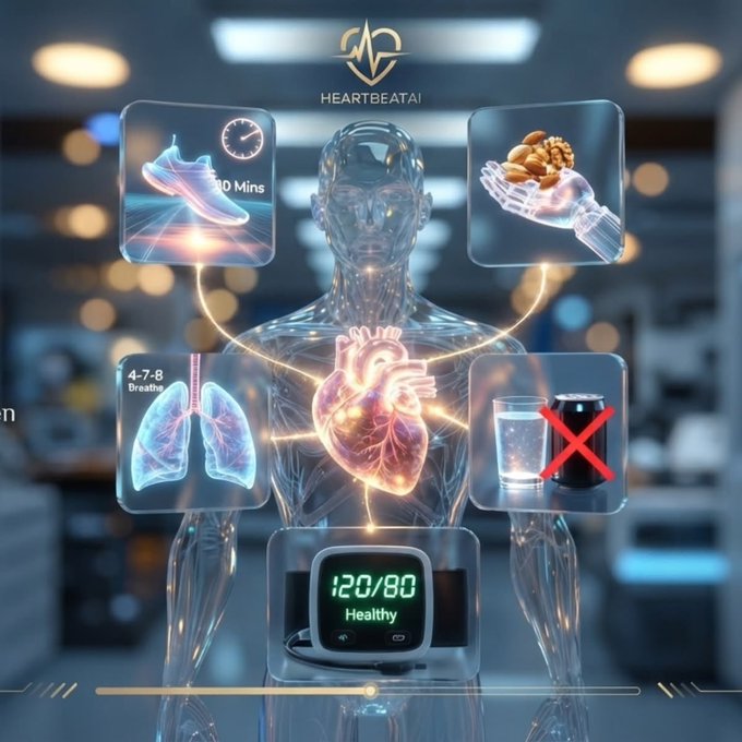 A futuristic AI health visualization titled 'HEARTBEAT AI' showing a transparent human figure with highlighted heart and lungs, surrounded by panels recommending running 30 mins, eating nuts, breathing 4-7-8, avoiding soda, and showing a blood pressure reading of 120/80 (Healthy).