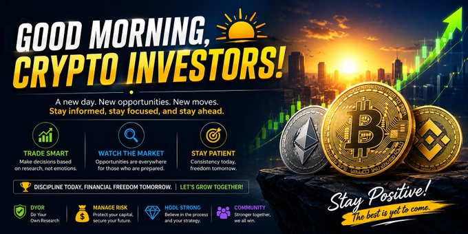 A motivational 'Good Morning, Crypto Investors!' graphic featuring Bitcoin, Ethereum, and Binance Coin with an upward green trend arrow and tips like 'TRADE SMART' and 'STAY PATIENT'.