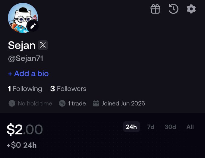 A profile page for a user named Sejan (@Sejan71) with a cat avatar shows 1 Following, 3 Followers, and a portfolio balance of $2.00 with no change in the 24h period.