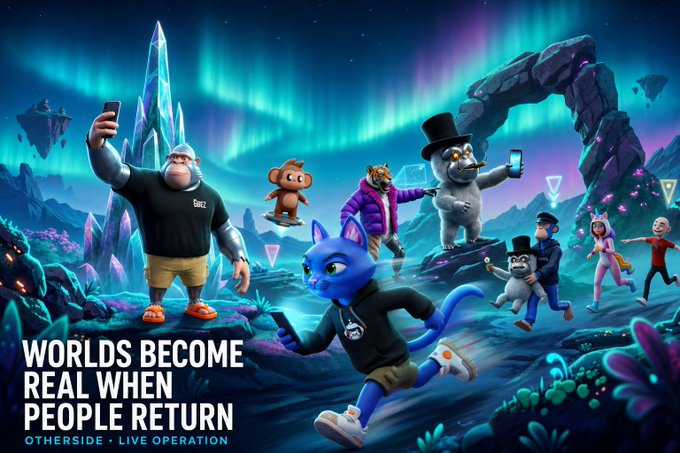 A promotional graphic for 'OTHERDISE - LIVE OPERATION' featuring cartoon animal characters in a fantasy landscape with the slogan 'WORLDS BECOME REAL WHEN PEOPLE RETURN.'