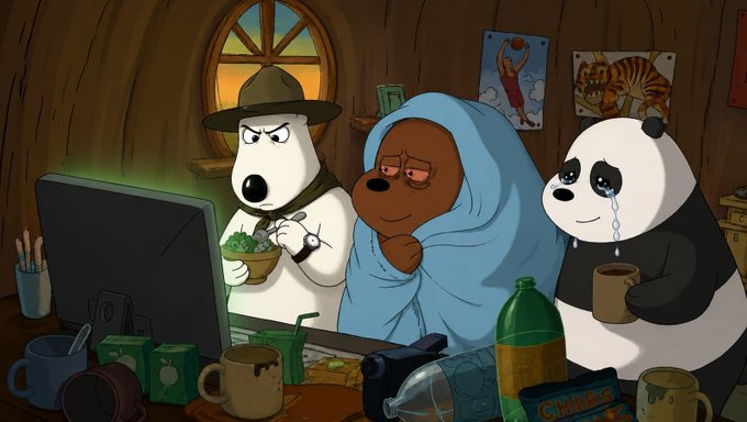 Three bears huddle around a computer screen displaying an emotional meme: one eating salad calmly, one wrapped in a blanket looking depressed, and one crying while holding coffee. The image humorously illustrates the "bipolar" emotional swings between highs and lows referenced in the post about the $BIPOLAR meme coin, with a "CHEER" box visible on the desk.