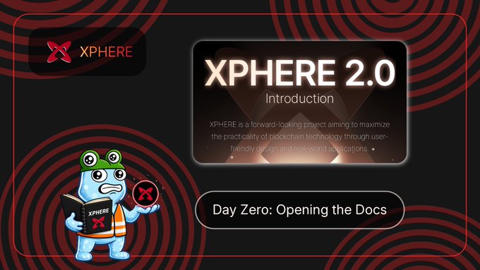 A promotional graphic for XPHERE 2.0 Introduction, subtitled 'Day Zero: Opening the Docs,' featuring a cartoon blue mascot holding a book and a circular XPHERE logo against a red spiral background.