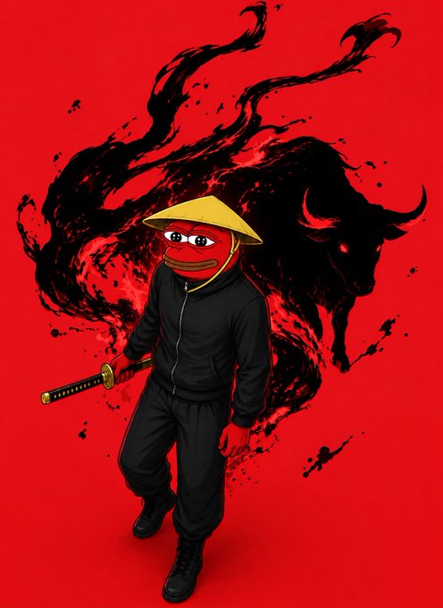 A digital illustration of a Pepe the Frog character dressed as a samurai in black clothing and a straw hat, holding a katana against a red background featuring a black bull made of smoke.