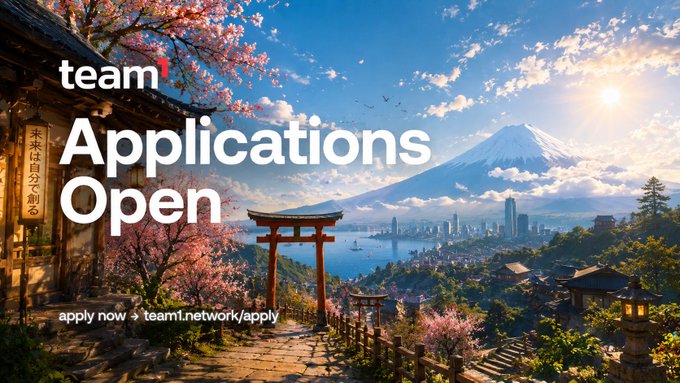 The image features an advertisement with a beautiful view of a cityscape at sunset over water. The text "team applications open" is displayed above the scene, indicating that the company is actively seeking new talent for their team. The background includes a cherry blossom tree and a bridge, adding to the overall ambiance of the advertisement.