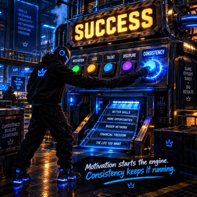 A motivational poster features a hooded figure operating an industrial 'SUCCESS' machine with buttons labeled Motivation, Luck, Talent, Discipline, and Consistency, accompanied by the tagline 'Motivation starts the engine. Consistency keeps it running.'