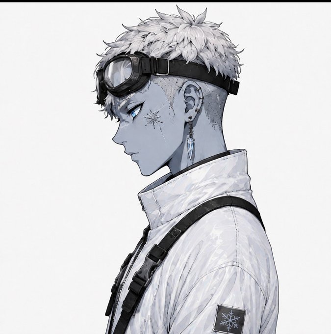 An anime-style illustration showing the side profile of a character with white spiky hair, goggles, and a white jacket with black straps.