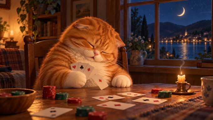 A cozy digital illustration shows a sleeping orange tabby cat slumped over a wooden table holding playing cards (4 of hearts, 4 of spades), with scattered cards, poker chips, a candle, and a moonlit coastal town visible through the window.