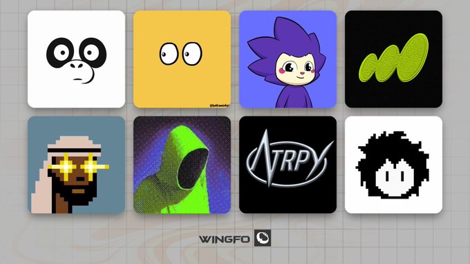 A grid of 8 NFT profile pictures and logo designs is displayed, with the "WINGFO" branding at the bottom. The collection likely serves as a visual preview of upcoming NFT projects mentioned in the post, including "The Saudis" (@Hafo1991) and the "Pixelord" collection featuring various artistic styles like pixel art, cartoon characters, and abstract logos.