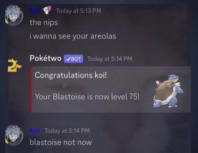 A Discord exchange where user "koi" makes an inappropriate request about "areolas," only to have Pokétwo bot immediately notify that their Blastoise reached level 75, prompting the reply "blastoise not now" — perfectly illustrating comedic bad timing in response to the prompt "is this you."
