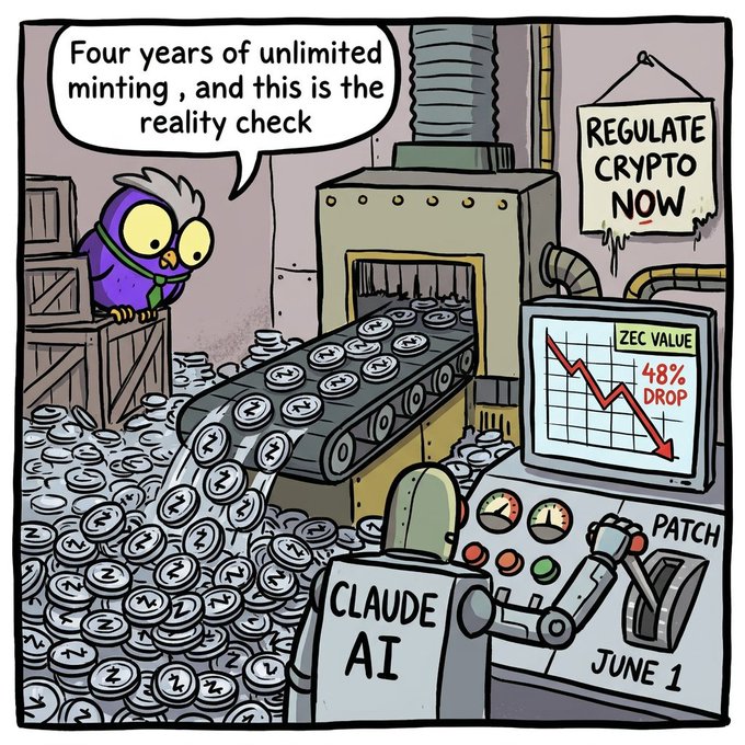 A cartoon image with a bird, coins, a machine, and text explaining a critical vulnerability that led to a 48% drop in Bitcoin value after four years of unlimited minting and unregulated mining.