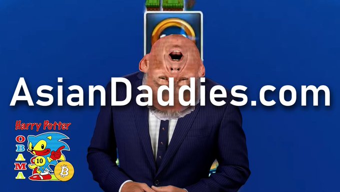 A promotional image features a man in a suit with his head edited upside-down, with text reading 'AsianDaddies.com' along with a 'Harry Potter OBAMA' Sonic meme and Bitcoin logo.