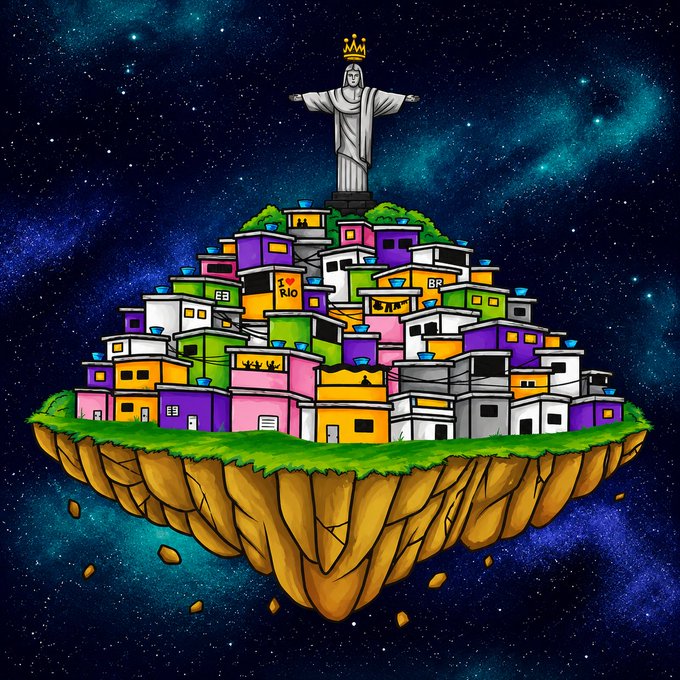 A colorful digital illustration depicts a floating island favela topped with a Christ the Redeemer statue wearing a crown, set against a starry cosmic background, with some buildings marked "I ❤ RIO" and "BR."