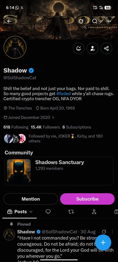The image shows a Twitter/X profile page for "Shadow" (@SolShadowCat), a verified account with 15.4K followers describing themselves as a "Certified crypto trencher OG, NFA DYOR," featuring a dark Batman-themed aesthetic and a community called "Shadows Sanctuary" with 1,293 members. The accompanying post caption ".1 sol sent. Enjoyyyy" suggests a small Solana tip was sent, fitting with the crypto-focused "NFA DYOR" persona prominently displayed in the profile bio.
