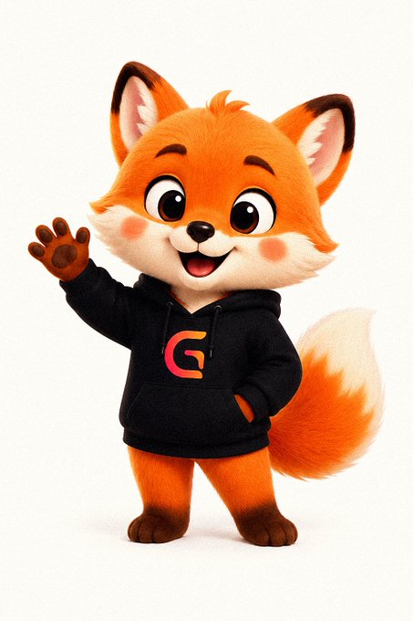 A cartoon illustration of a smiling orange fox character wearing a black hoodie with a red 'G' logo, waving.